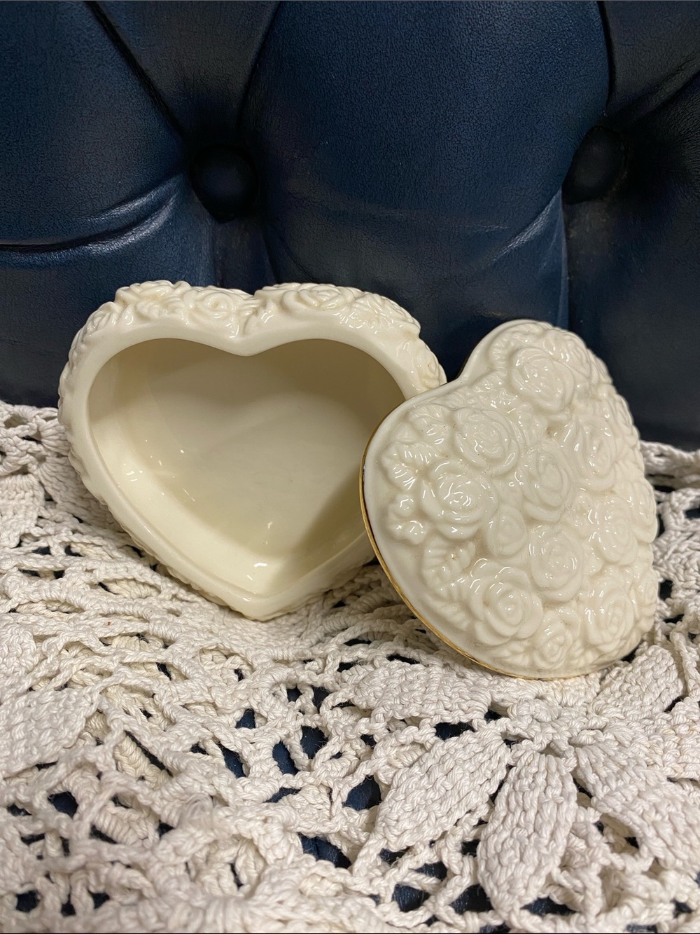Lenox Cream Heart-Shaped Porcelain Trinket Box with Rose Motif
